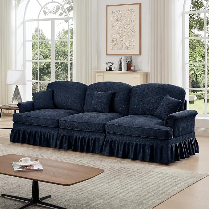 107 Modular Sectional Sofa for Living Room Comfy Chenille 3 Seat Couch with Detachable Ruffled Skirt Flared Arms Spindle Legs Traditional Sofa for Living Room Apartment(Blue)