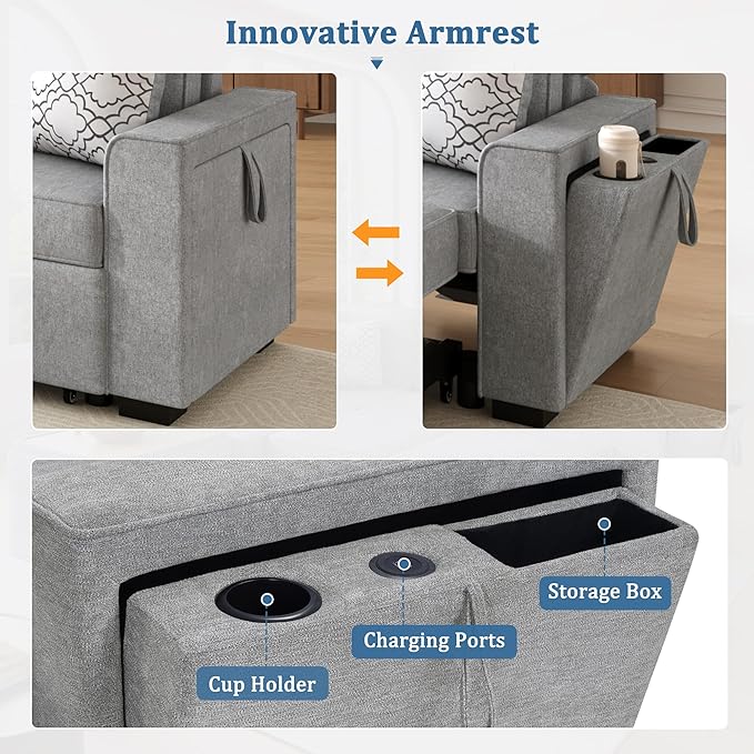 83.9 Convertible Sectional Sofa Bed Chenille L-Shaped Sofa with Dual Pull-Out Sleepers Flip-Top Table USB Ports Cup Holder &amp Storage for Living Room Office Apartment (Light Gray-7.22)