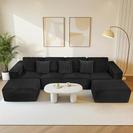 132 Cloud U-Shaped Sectional SofaModular Boneless Couch with OttomanCorduroy 4-Seater Couch for Living RoomNo Assembly RequiredDeep SeatPlush Cushion Back (Black)