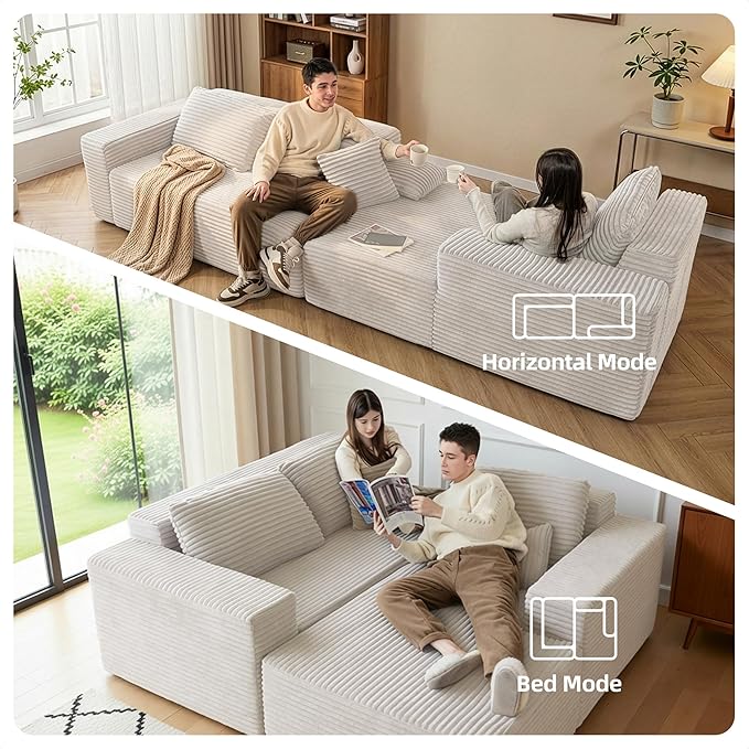 Claiks 104 Boneless Couch Cloud Couch Sectional L-Shape Corduroy Modular Sectional Sofa Deep Seat Upholstered Couches for Living Room No Assembly Required Beige Right Facing Chaise