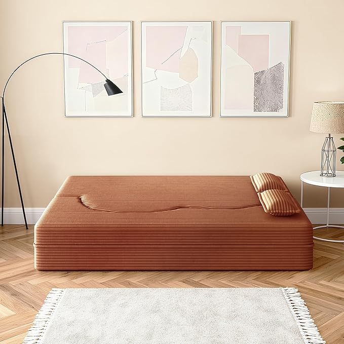 78 Convertible Sofa Bed 2-in-1 Folding Floor Couch with 2 Pillows Sleeper Sofa for Living Room and Bedroom No Assembly Required (Orange Corduroy Fabric)
