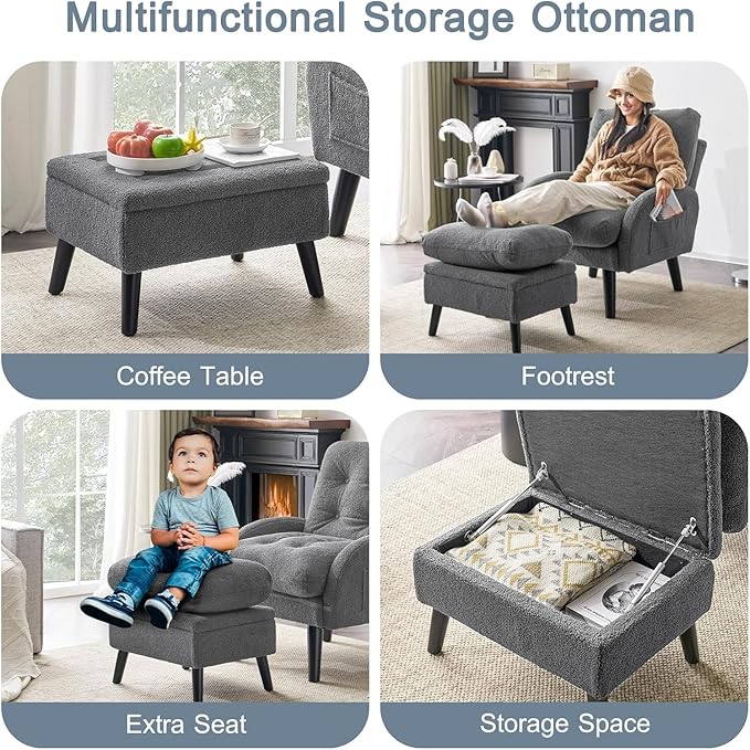 ELUCHANG Accent Chairs with Ottoman Upholstered Comfy Armchair with Adjustable Backrest&ampStorage Footrest Lazy Chair Reading Chair Leisure Sofa Recliner for Living Room Bedroom (Grey - Teddy Fabr