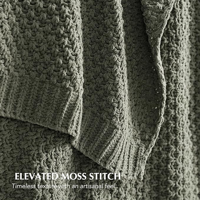 EVERGRACEHOME Chunky Chenille Knit Throw Blanket for Couch Soft Luxurious Moss Stitch Blankets for Bed Cozy Decorative Farmhouse Knitted Throws for Sofa Dried Thyme Green 50 x 60
