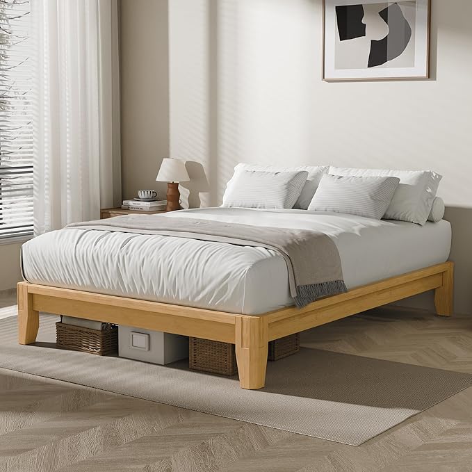 Dolonm Queen Solid Wood Bamboo Bed Frame Mid-Century Modern Bed Frame Floating Center Support Legs Sturdy Solid Wood Slat Easy Tool Free Set Up（Queen Natural）
