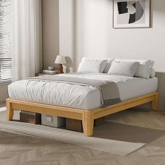 Dolonm Queen Solid Wood Bamboo Bed Frame Mid-Century Modern Bed Frame Floating Center Support Legs Sturdy Solid Wood Slat Easy Tool Free Set Up（Queen Natural）