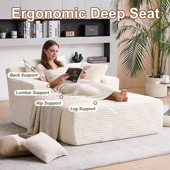 Avenix 66 Oversized Boneless Chaise Lounge Chair IndoorCorduroy Comfy Oversized Reading Chair Boneless Couch Bed ChairNo Assembly RequiredBeige