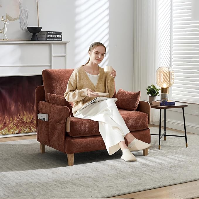 SLEERWAY Large 3 in 1 Convertible Futon Sofa Bed Chair 35 W Extra Wide Sleeper Chair Bed with Pull Out Couch Modern Chenille Chaise Lounge Armchair for Living Room Bedroom Playroom Orange