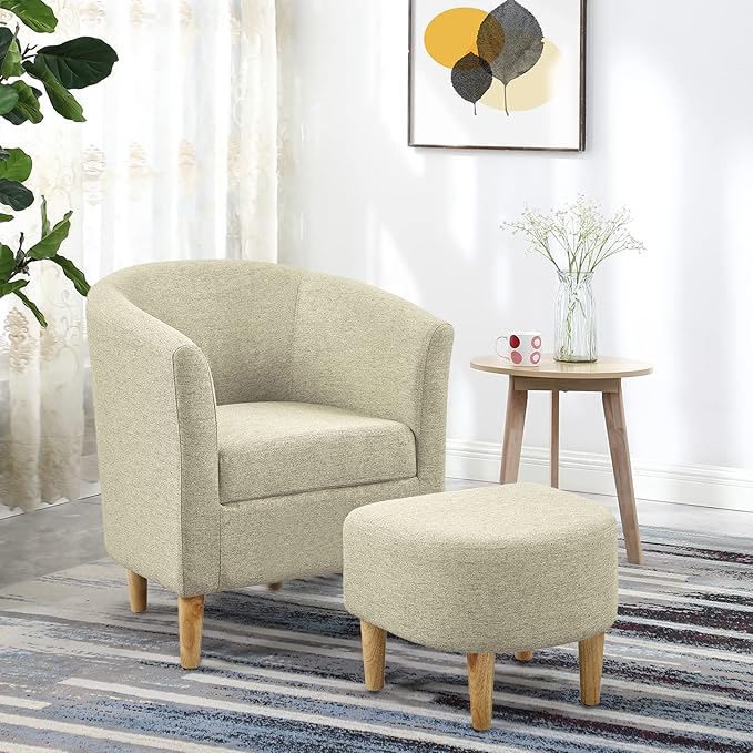 DAZONE Accent Chair Set of 2 Mid Century Modern Chair with Ottoman Comfy Armchair Footrest Set Comfortable Living Room Chairs Upholstered Barrel Club Tub Sofa Chair for Bedroom Reading Room Beige