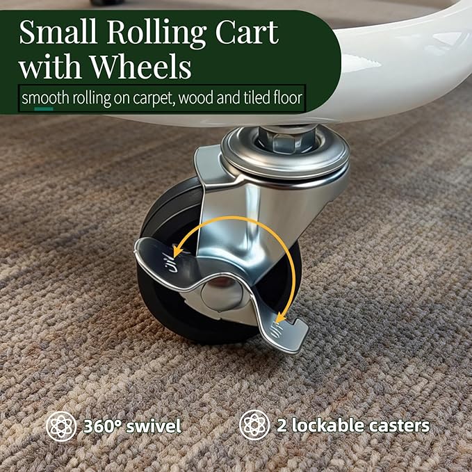 2 Tier Under Desk Storage Cart with Wheels Heavy Duty Metal Short Rolling Pantry Storage Cart for Small Space Utility Trolley for Kitchen Bathroom Laundry Cute Snack Craft Organizer White
