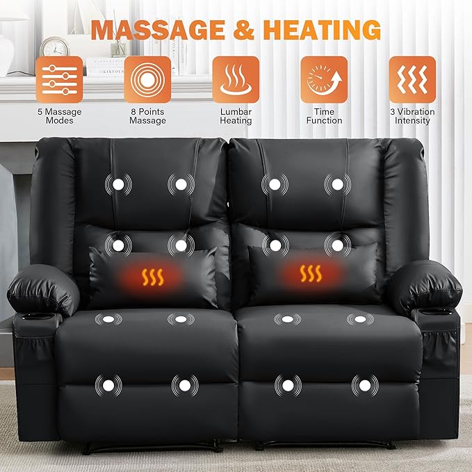 Black Leather Reclining Loveseat with Massage/Heat/Pillow/USB/Cup Holders Oversized Loveseat Recliner for Living Room Manual Reclining Sofa for Adults 700 Lbs Capacity (Black)