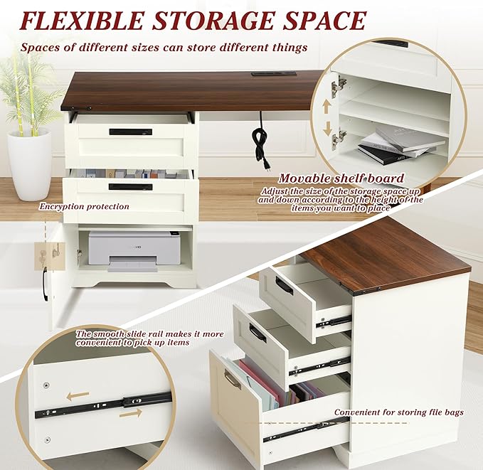 Grepatio 60 L Shaped Executive Desk with Drawers Farmhouse Corner Desk with USB Charging Station 2 Person Home Office Computer Writing Desks with Storage Key Lock Filing Cabinet (Antique White)