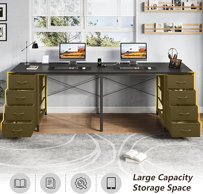 TVU 78 2 Person Desk with 8 Fabric Drawers Long Computer Desk Home Office Desk with Storage Two Person Double Desks with Power Outlets Brown and White