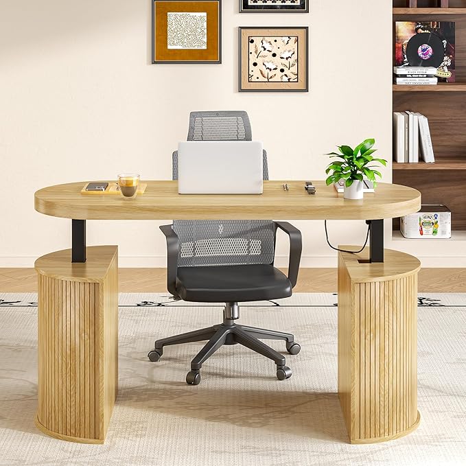Mid Century Modern Electric Standing Desk with Storage 55 x 22 Inch Small Sit Stand Up Desk Wood Adjustable Height Computer Executive Desk for Home Office Laptop Oak