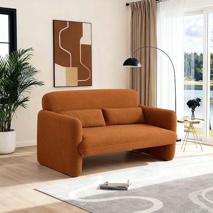59.1 Boucle Modern Sofa Couch 2 Seater Sherpa Lamb Fabric Loveseat Comfy Upholstered Couch Leisure Lounge Sofa with 2 Waist Pillow for Bedroom Office and Living RoomOrange