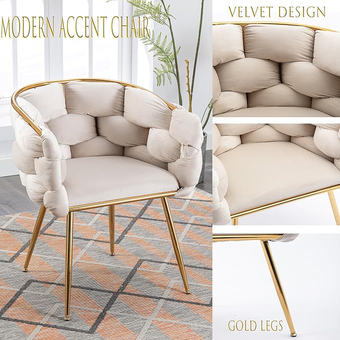 Luxury Velvet Accent Chair with Gold LegsModern Stylish Cosmetic Chair for Desk Living Room or BedroomComfortable Single Sofa Chair for Home Office (Beige)