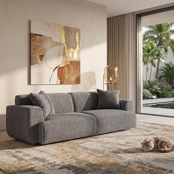Modern 91'' Wide Cloud Couch Sofa Love Seat Couches W/Solid Frame Friendly Couch W/Boucle Couch Cozy Fabric with 2 Pillow &amp Rectangular Arm for Apartment Grey