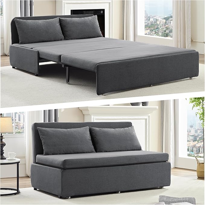CECER 64.2 Queen Size Pull Out Sofa Bed Pull Out Couch Bed with 2 Pillows Linen Convertible Sleeper Sofa with Comfy Mattress 2 in 1 Armless Loveseat Sleeper for Living Room-Dark Grey