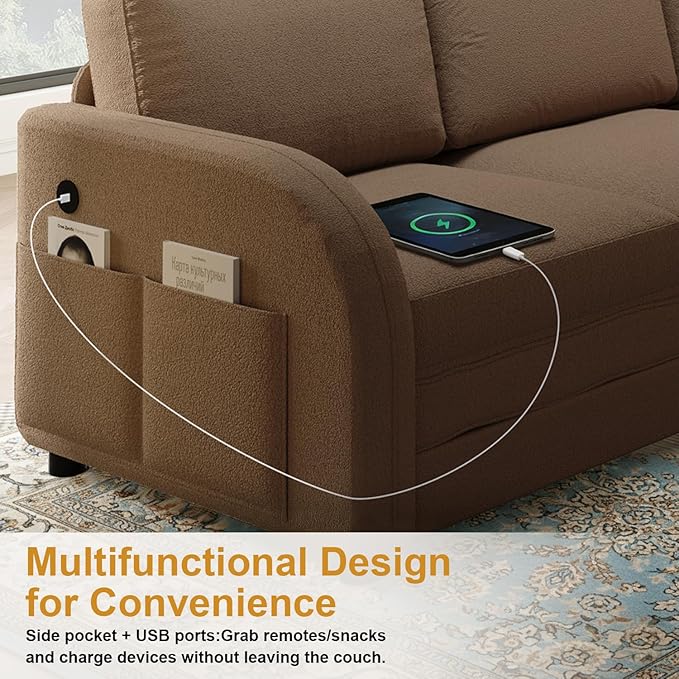 115.2 L Shaped Couch Bed Sectional Couches for Living Room Teddy Fabric Sleeper Sofa Bed with Pull Out Couch Convertible Sectional Couch with Charging Station &amp Side Pocket Brown