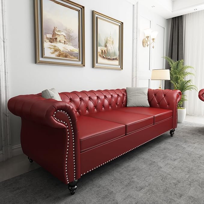 ORRD Chesterfield Sofa Leather Modern PU Tufted Couch 3 Seater with Rolled Arms and Nailhead for Living Room Bedroom Office Apartment (Burgundy)