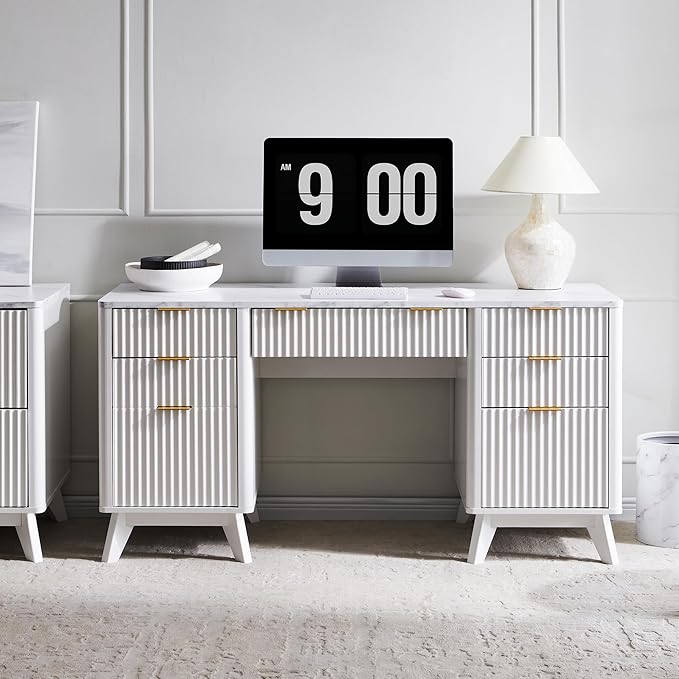 T4TREAM Fluted Executive Desk with Drawers 60 Modern Home Office Computer Desk with Charging Station File Cabinet Keyboard Tray and Storage Cabinet for Study Living Room Bedroom Solid White