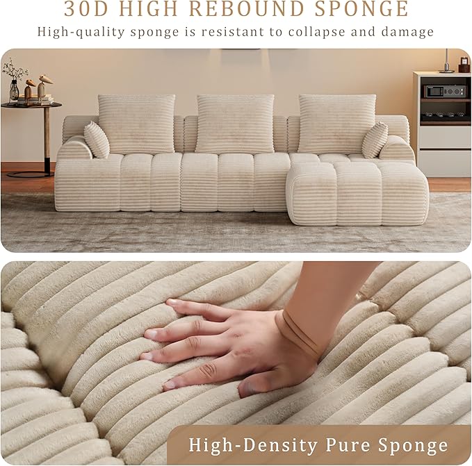 Chogori Corduroy Modular Sectional Sofa 118 Inch Boneless Cloud Couch with High Density Memory Foam Tufted L-Shaped Sofa for Living RoomNo Assembly (Beige)