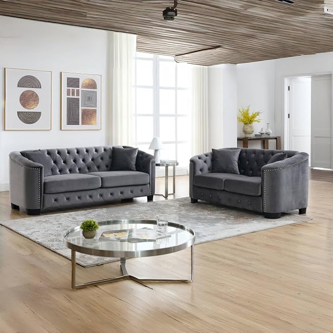 KEIKI 77+59 Chesterfield Sofa 3+2 Seater Velvet Couch with Nailhead Arms Tufted Backrests 4 Cushions for Living Room Bedroom Office Apartment Gray