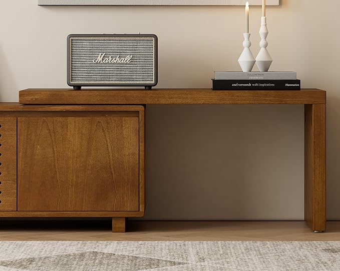 LKTART Mid Century Modern TV StandExtendable Entertainment Center for 65/70/75/80 Inch TVMedia Console for Living Room&ampBedroom Brown Ebony