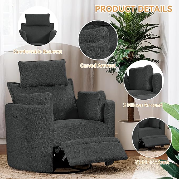 Power Swivel Rocker Recliner Glider Nursery Chair for Adults Modern Leisure Sofa Chair with 2 Pillows for Small Spaces Bedroom Living Room Beige (Dark Grey)