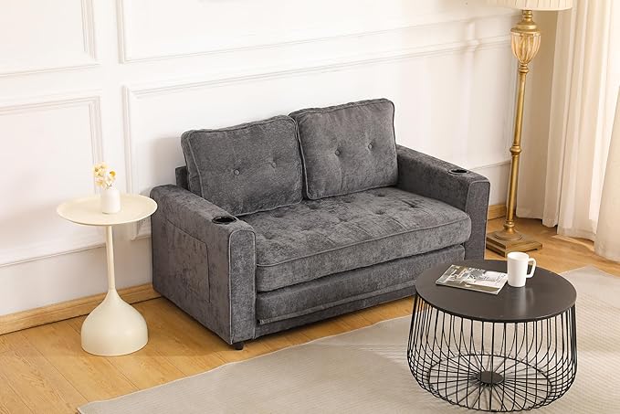 ERYE Foldable Loveseat Sofa Convertible Pull Out Sleeper Sofabed2 Seat Tufted Upholstered Sofa Modern Convertible Sleeper Couch Bed with Cupholders and Side Pockets