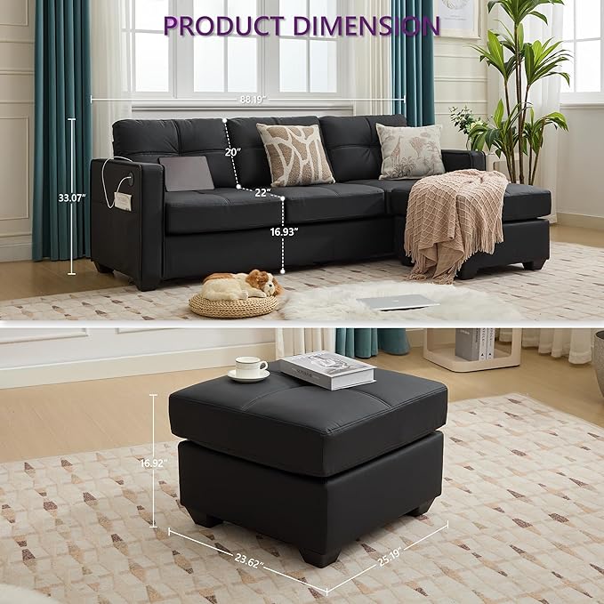 TYBOATLE Black Couch Sectional Couches w/Side Pockets for Living Room Comfy Faux Leather Modular Convertible L Shaped Sofas with USB &amp Ottoman Leather Sectional for RV Apartment Office