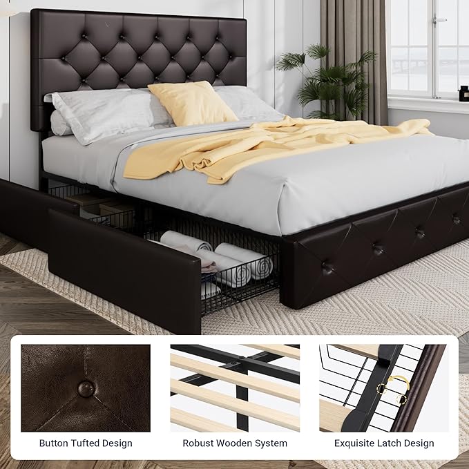 Allewie Upholstered Queen Size Platform Bed Frame with 4 Storage Drawers and Headboard Diamond Stitched Button Tufted Mattress Foundation with Wooden Slats Support No Box Spring Needed Black Brown