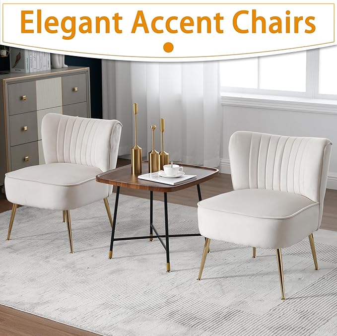 ABET Accent Chairs Set of 2 Velvet Armless Living Room Chairs with Tufted Wingback Thicken Cushion Gold Metal Legs Comfy Upholstered Side Chairs Slipper Chairs Club Chairs for Bedroom Beige