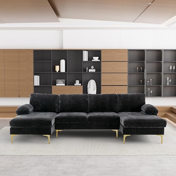 112 Cloud Sectional Sofa with Extra Deep SeatU Shaped Sectional Couches for Living Room4 Seater Chenille Sofas &amp CouchesModern Apartment Couch with Double Chaise Lounge (Black)