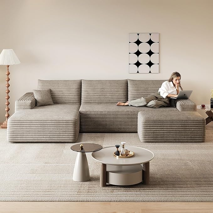 107 Comfy U-Shaped Sectional Modern Boneless Corduroy Couch with Chaise ‌and Ottoman‌ - No Assembly Required! Deep-Seat Upholstered Modular Cloud Sofa for Living Room Plush Corduroy Fabric(Camel)