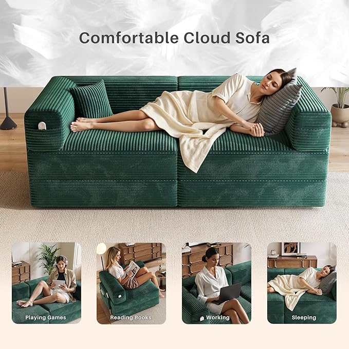 78 Compressed Convertible Sofa Bed Modular Corduroy Loveseat Sleeper with Fixed-Shape Frame Folding Mattress Couch with 2 Pillows for Living Room Bedroom Small Spaces No Assembly Needed Green