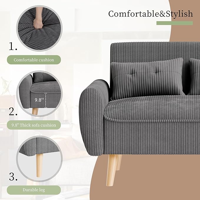 Vongrasig 48 Small Modern Loveseat Sofa Mid Century Soft Corduroy Fabric 2-Seat Sofa Couch Tufted Love Seat with Back Cushions and Tapered Legs for Living Room Bedroom and Small Space (Dark Gray)