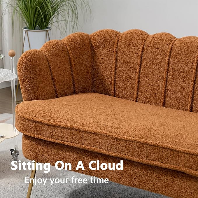 Anwick 59 Small Modern Chenille Loveseat Sofa 2-Seater Sofa with Gold Metal Legs Small Couch with Flower Shaped Back for Living Room Bedroom Office (Caramel)