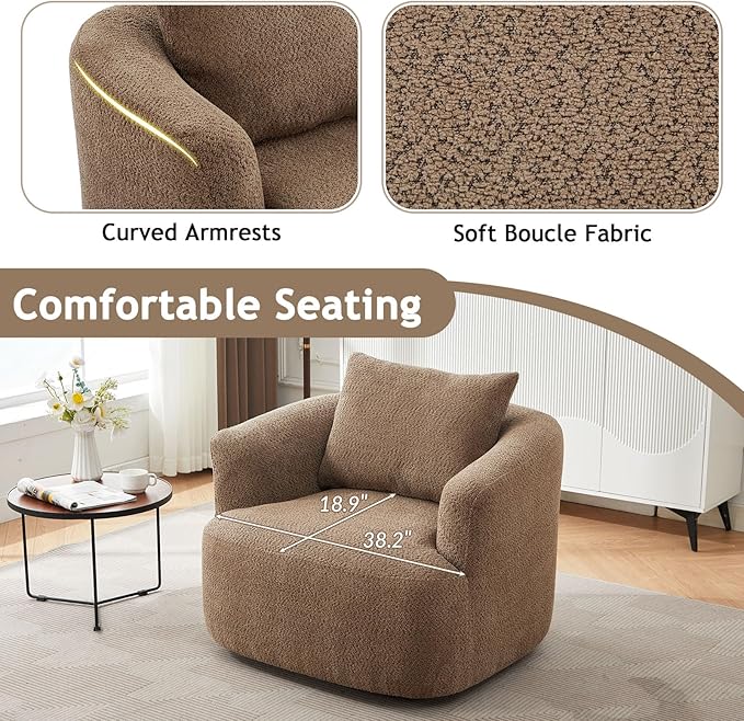 38.2 Swivel Accent Chair Blown Boucle Upholstered Armchair Comfy Single Cloud Sofa Chair with Ergonomic Armrests &amp Throw Pillow for Nursery Living Room &amp Offices(Brown)