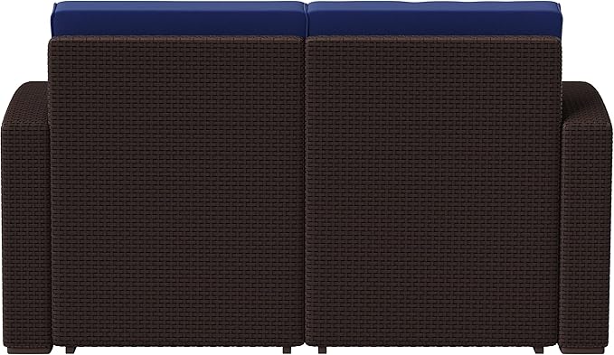 Flash Furniture Seneca Chocolate Brown Faux Rattan Loveseat with All-Weather Navy Cushions