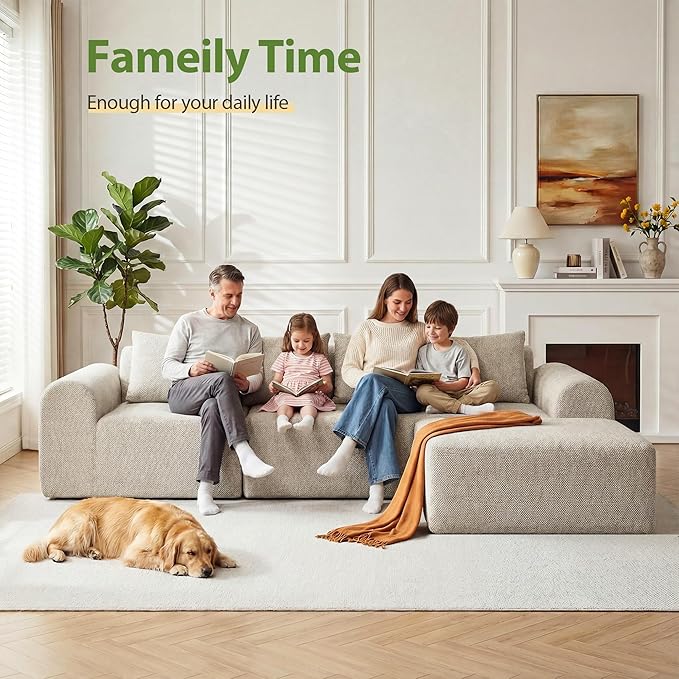 105.5 Modular Sofa Modern Boneless Sectional Sofa with Footstool No Assembly Required Extra-deep Chenille Fabric Seat L-Shaped Chaise Lounge Sofa Suitable for Living Room(Beige)