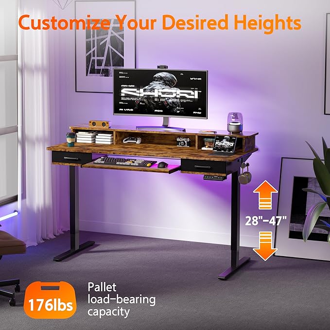 55x24 Inches Electric Standing Desk with Keyboard Tray Height Adjustable Stand up Desk with 2 Drawers Ergonomic Sit to Stand Desk with Storage Monitor Stand Computer Table Rustic Brown