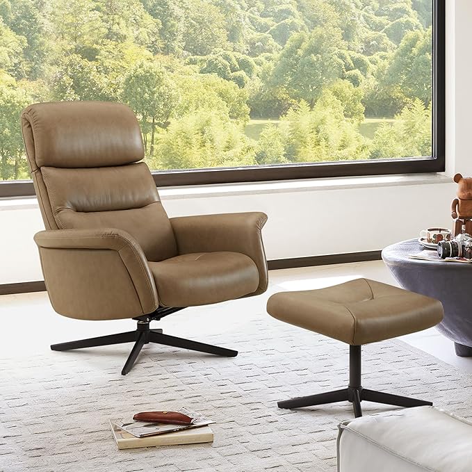 CHITA Genuine Leather Self-Weight Reclining Swivel Chair with Adjustable Headrest and Ottoman for Living Room Office Mocha