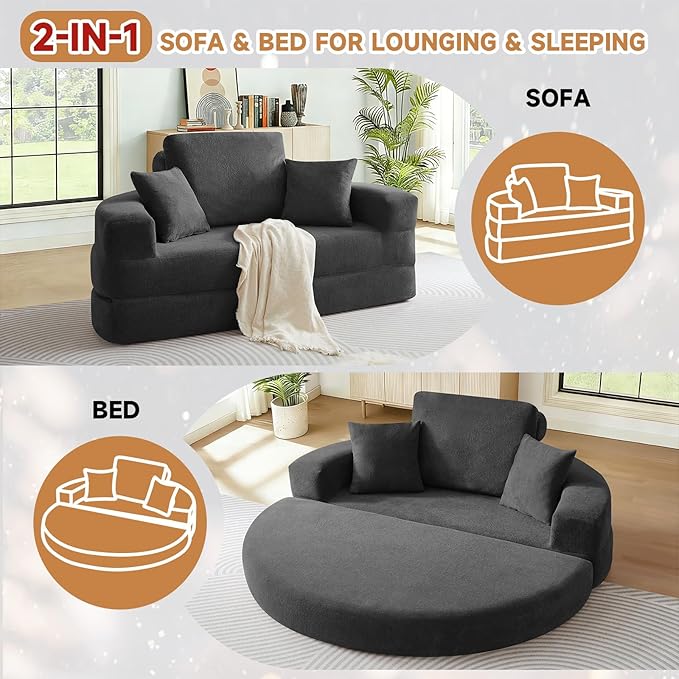 Curved Convertible Futon Sleeper Sofa Bed 70 Boneless Couch with Pull-Out Bed Chenille Foldable Floor Mattress for Living Room No Assembly Required Round Grey