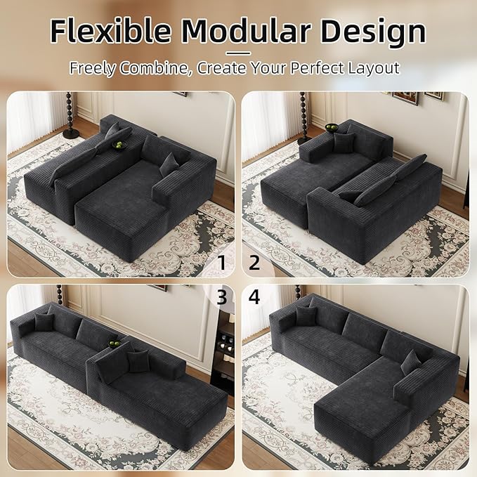 108” Boneless Couches for Living Room L-Shape Modular Sectional Sofa Couches High Rebound Sponge Comfy Fluffy Corduroy Cloud Couch with Oversized Chaise and Deep Seat (Charcoal Black)