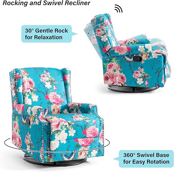 Swivel Rocker Recliner Chair Manual Nursery Glider Recliner Floral Fabric Wingback Accent Chair with Adjustable Backrest &amp Footrest for Small Spaces Living Room Bedroom (Peacock Blue Set of 2)