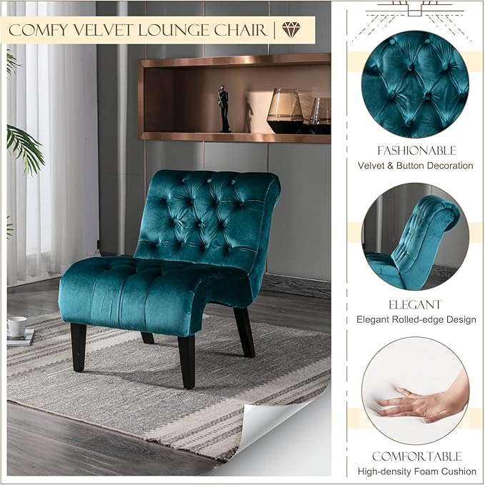 KINFFICT Velvet Accent Lounge Chair for Living Room Modern Leisure Chair with Tufted Backrest Indoor Armless Side Chair Upholstered Bedroom Sleeper Chair with Solid Wood Legs