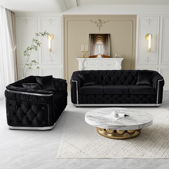 Velvet Couch Black and Silver Sofa Luxury Loveseat 84.6 Mid Century Modern Chesterfield Sofa Couch for Living Room Tufted Sofas with 2 Pillows &amp Classic Golden Decor Black