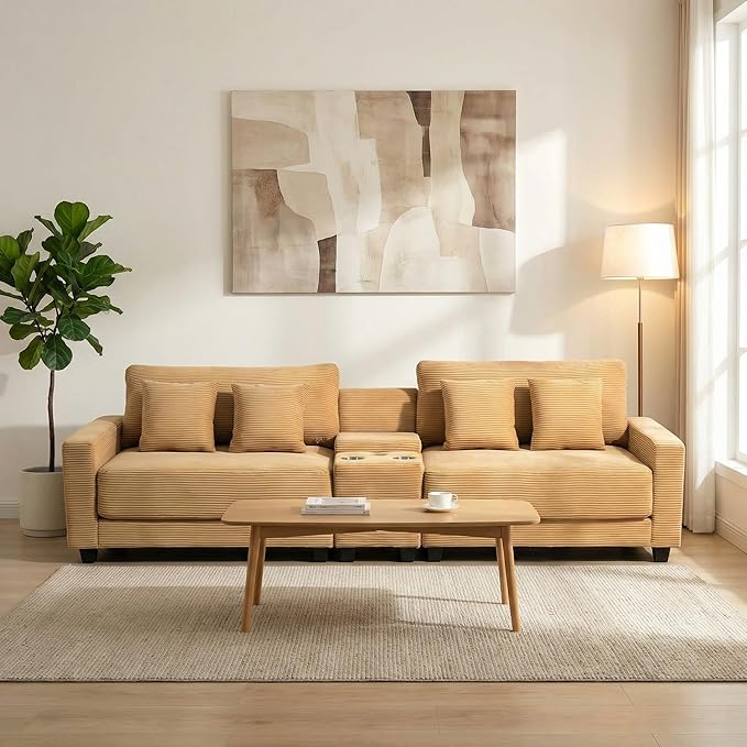 111.8 inch Modular Sectional Sofa with Charging Ports Cup Holders &amp Storage Modern Oversized Corduroy 4-Seater for Living Room Yellow