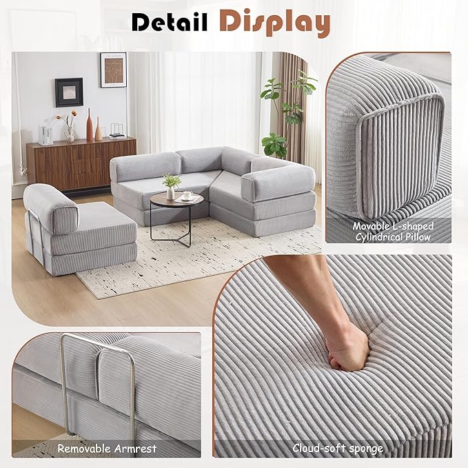 Modular Convertible Sofa Bed 106 L-Shaped with Reversible Chaise Corduroy Floor Sleeper Boneless Couch Folding Futon for Living Room Apartment Small Spaces No Assembly Required Grey