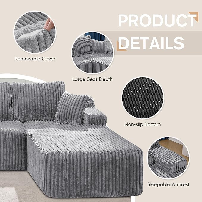 Modular Sectional Sofa Couches L-Shape Couch 3 Seat Modular Sofa Memory Foam Sectional Couches for Living Room Cloud Couch with Oversized Chaise (Light Grey Stripe 108 Right Facing Chaise)